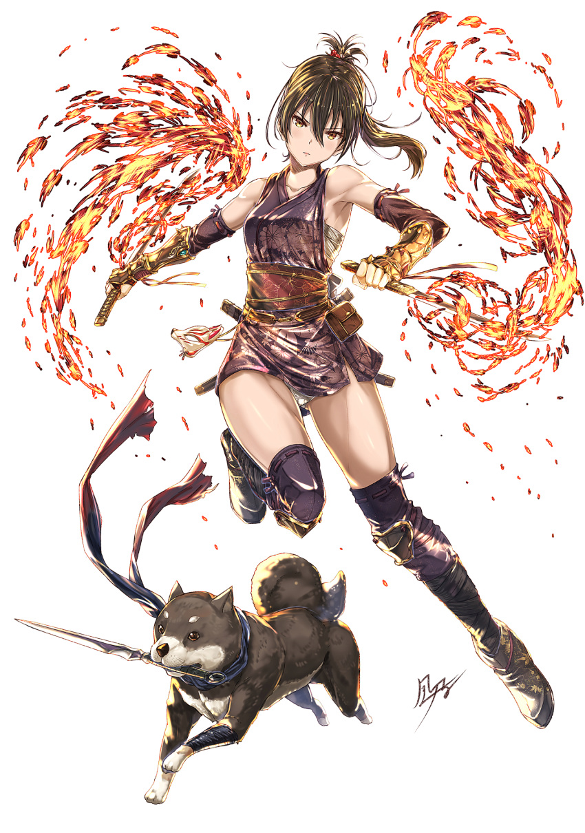 1girl arm_guards bangs black_hair brown_eyes dog dual_wielding elbow_gloves fantasy fingerless_gloves full_body gloves hair_between_eyes highres holding holding_weapon kazeno knee_pads long_hair looking_at_viewer ninja obi original ponytail ribbon-trimmed_legwear ribbon_trim sarashi sash short_sword sleeveless solo sword thighhighs weapon white_background