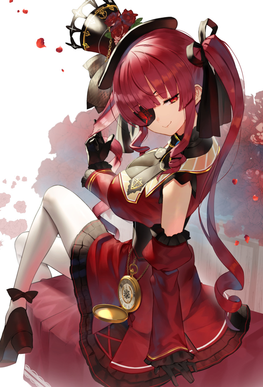 1girl absurdres bangs black_gloves black_headwear blunt_bangs breasts brown_footwear closed_mouth commentary_request detached_sleeves eyebrows_visible_through_hair eyepatch flower gloves hat highres hololive houshou_marine large_breasts long_hair looking_at_viewer petals red_eyes red_flower red_hair red_rose red_skirt rose shoes sitting skirt smile solo sukocchi thighhighs twintails virtual_youtuber white_legwear