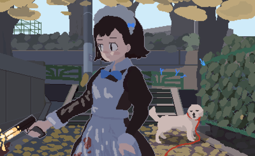 1girl animated animated_gif apron black_eyes black_hair blinking blood bloody_clothes blue_bow blue_neckwear blush_stickers bow bowtie day dress firing flower gun highres holding holding_gun holding_weapon leach long_sleeves maid maid_apron maid_headdress original outdoors peco-pech pixel_art solo stairs tail tail_wagging weapon