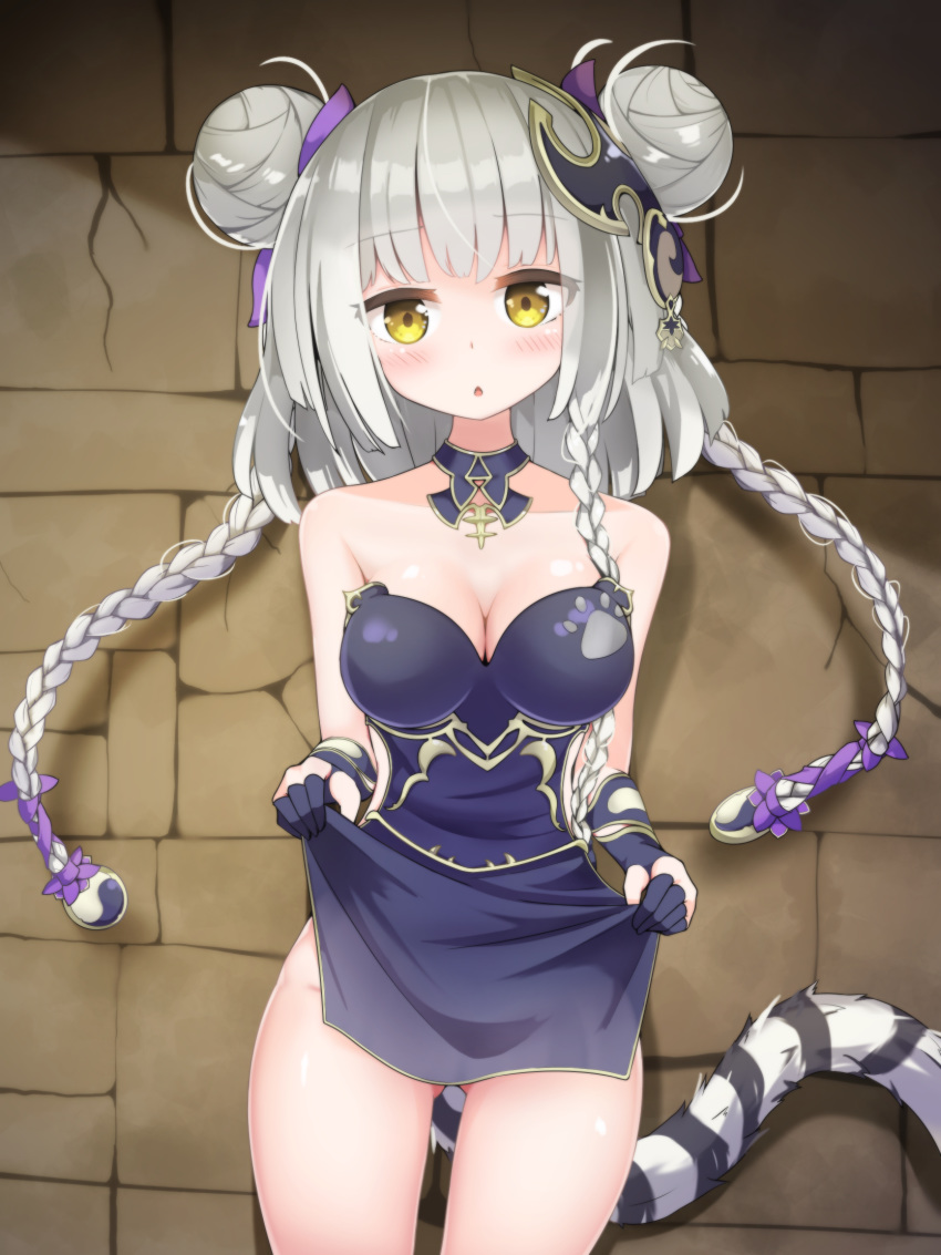 1girl :&lt; ass_visible_through_thighs bangs bare_shoulders blush braid breasts cleavage double_bun dress elbow_gloves eyebrows_visible_through_hair gloves grey_hair highres long_hair puzzle_&amp;_dragons tail twin-7646 twin_braids yellow_eyes