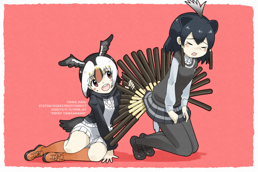 &gt;_&lt; 2girls animal_ears atlantic_puffin_(kemono_friends) bird_tail bird_wings black_hair blonde_hair border candy cardigan closed_eyes crested_porcupine_(kemono_friends) extra_ears food food_on_face full_body grabbing grey_hair head_wings highres iwa_(iwafish) kemono_friends kneeling leaning_to_the_side long_sleeves looking_at_another medium_hair microskirt multicolored_hair multiple_girls necktie open_cardigan open_clothes open_mouth oversized_food pantyhose pocky porcupine_ears porcupine_tail red_eyes red_hair scarf shoes sitting skirt smile socks sweater sweater_vest tail white_hair wings