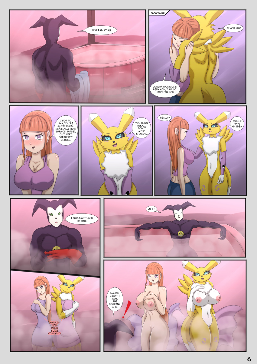 absurd_res anthro bath big_breasts breasts canid canine digimon digimon_(species) english_text female female/female fox group hair hi_res human humanoid imp impmon intersex magnificentsexygals male male/female mammal nude red_hair renamon rika_nonaka text