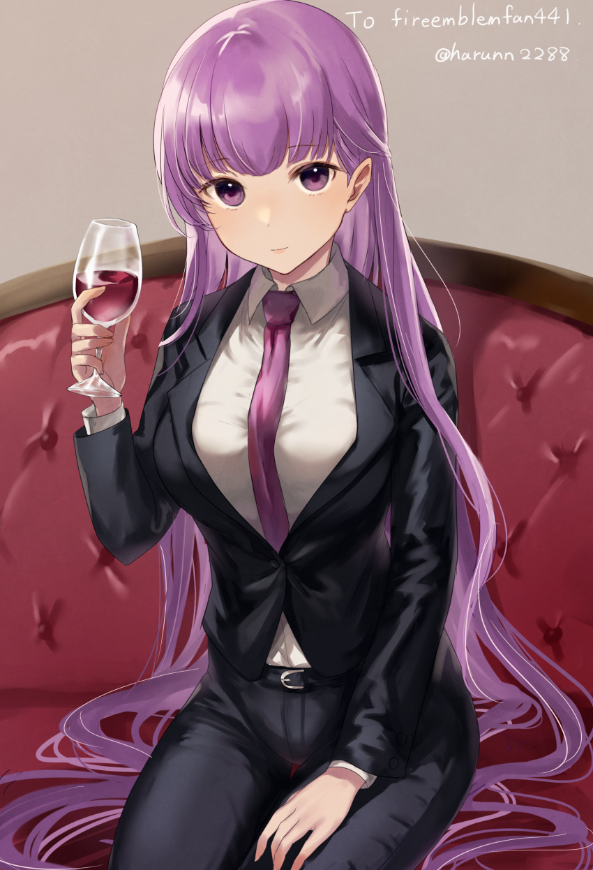 1girl absurdres alcohol belt black_clothes breasts commission commissioner_upload couch cup drinking_glass ears fire_emblem fire_emblem:_the_binding_blade fire_emblem_heroes formal haru_(nakajou-28) highres holding holding_cup long_hair looking_at_viewer looking_up medium_breasts necktie purple_eyes purple_hair red_wine sitting_on_hair solo sophia_(fire_emblem) suit very_long_hair wine wine_glass