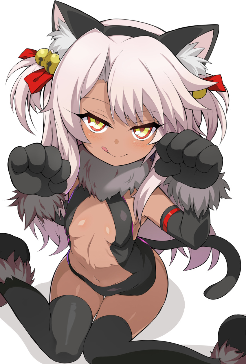 1girl animal_ears bangs bare_shoulders bell black_gloves black_legwear black_leotard blush breasts cat_ears cat_tail center_opening chloe_von_einzbern cosplay dark_skin dark_skinned_female fate/kaleid_liner_prisma_illya fate_(series) fur_collar gloves highres illyasviel_von_einzbern illyasviel_von_einzbern_(cosplay) jingle_bell leotard licking_lips long_hair looking_at_viewer navel paw_gloves paw_shoes paws pink_hair shimejinameko shoes simple_background sitting small_breasts smile tail thighhighs tongue tongue_out two_side_up wariza white_background yellow_eyes