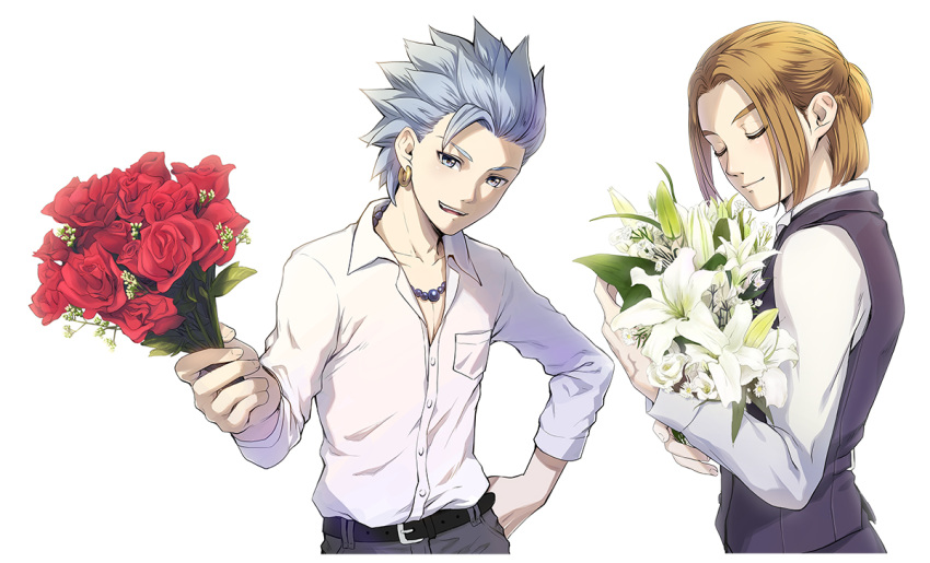 2boys bangs belt black_belt black_vest blue_hair blush bouquet camus_(dq11) closed_eyes closed_mouth collared_shirt commentary_request dragon_quest dragon_quest_xi dress_shirt earrings flower from_side hand_on_hip hand_tattoo hero_(dq11) holding holding_bouquet holding_flower incoming_gift jewelry long_sleeves male_focus mondi_hl multiple_boys necklace open_mouth parted_bangs red_flower red_rose rose shirt short_hair simple_background smile spiked_hair upper_body upper_teeth vest white_background white_flower white_shirt