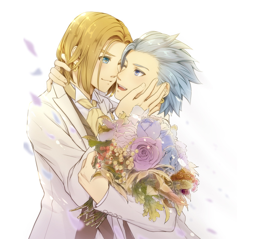 2boys arm_around_neck black_vest blue_eyes blue_flower blue_hair blush bouquet brown_hair camus_(dq11) collared_shirt commentary_request couple dragon_quest dragon_quest_xi earrings fang flower formal from_side hand_on_another's_cheek hand_on_another's_face hero_(dq11) holding holding_bouquet holding_flower hug husband_and_husband jacket jewelry long_sleeves looking_at_another male_focus mondi_hl multiple_boys one_eye_closed open_mouth pink_flower rose shirt short_hair simple_background smile spiked_hair suit upper_body upper_teeth vest white_background white_jacket white_shirt white_suit yaoi yellow_neckwear