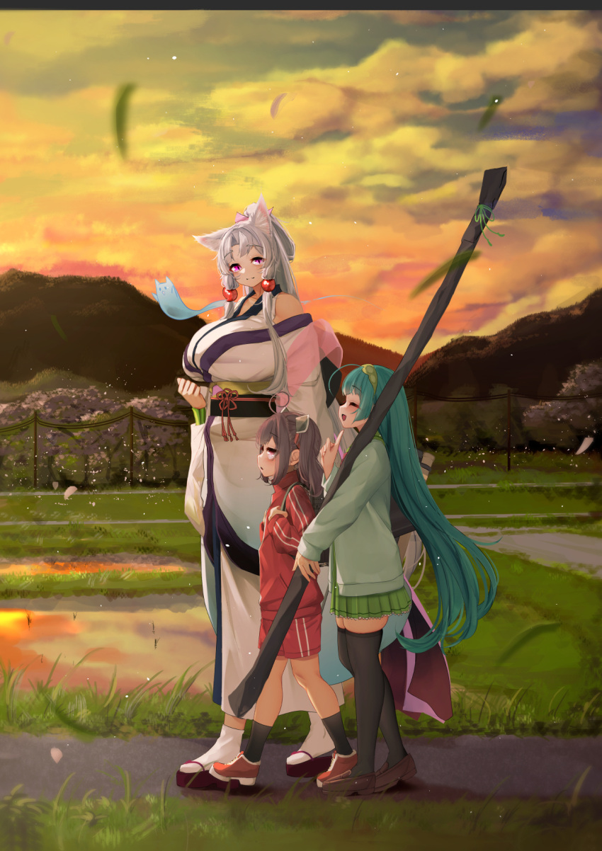 3girls alternate_costume animal_ears backpack bag black_socks black_thighhighs breasts cardigan cloud cloudy_sky commentary_request evening finger_to_own_chin flower_knot fox_ears from_side ghost grass green_cardigan green_hair green_skirt gym_shorts height_difference highres holding holding_bag holding_strap huge_breasts index_finger_raised jacket japanese_clothes kimono loafers looking_at_another mountainous_horizon multiple_girls ne_an_ito nhk_(voiceroid) obi obijime off_shoulder okobo open_mouth outdoors over_shoulder path pink_eyes plastic_bag pleated_skirt profile red_jacket red_shorts rice_paddy rural sandals sash school_uniform shoes shorts siblings side-by-side sisters skindentation skirt sky sleeveless sleeveless_kimono slit_pupils smile sneakers socks thick_thighs thighhighs thighs touhoku_itako touhoku_kiritan touhoku_zunko track_jacket turtleneck turtleneck_jacket voiceroid walking weapon_bag white_kimono yumi_(bow)