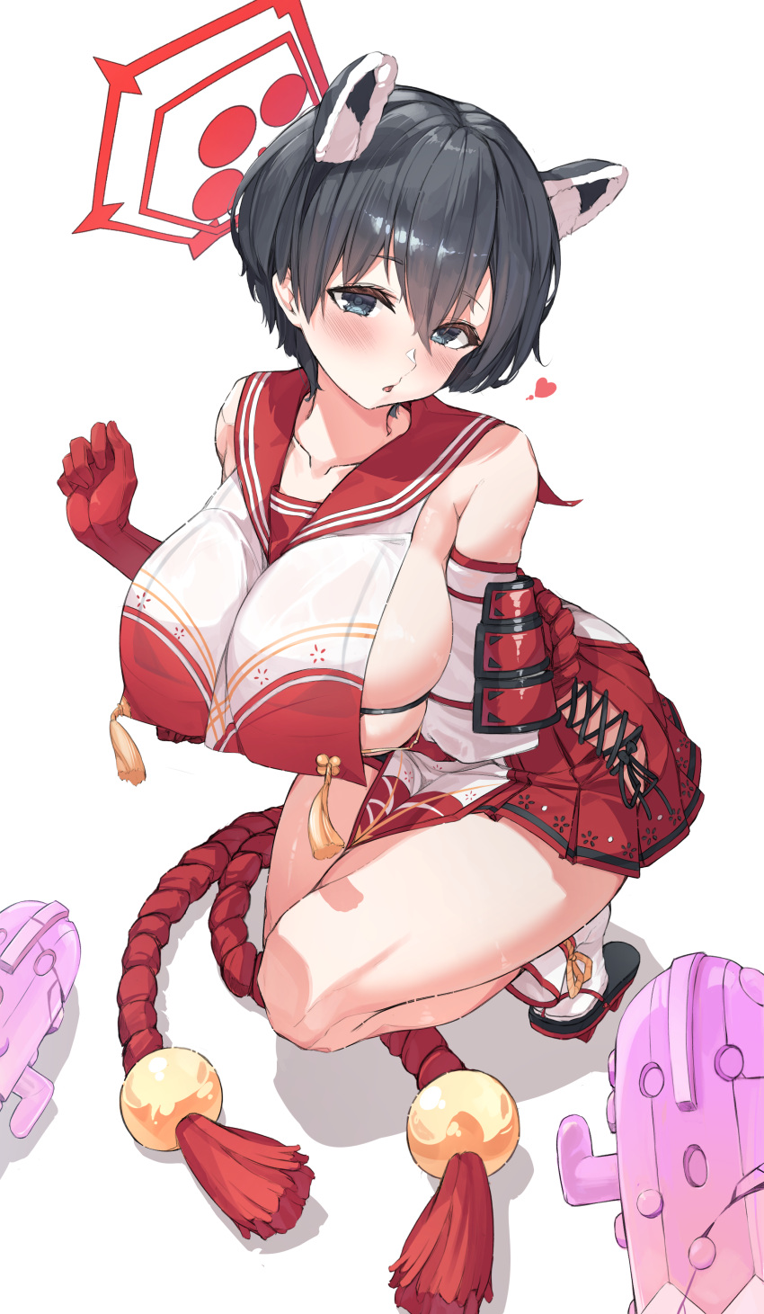 1girl absurdres animal_ear_fluff animal_ears bare_shoulders bikini black_eyes black_hair blue_archive blush breasts crop_top crop_top_overhang elbow_gloves gloves hair_between_eyes hair_ornament halo haniwa_(statue) heart highres huge_breasts japanese_clothes looking_at_viewer micro_bikini naretsuro parted_lips pleated_skirt raccoon_ears red_gloves red_sailor_collar red_skirt revealing_clothes rope rope_belt sailor_collar see-through short_hair sideboob sideless_outfit simple_background skindentation skirt solo squatting string_bikini sweat swimsuit tassel thighs tsubaki_(blue_archive) two-tone_shirt white_background