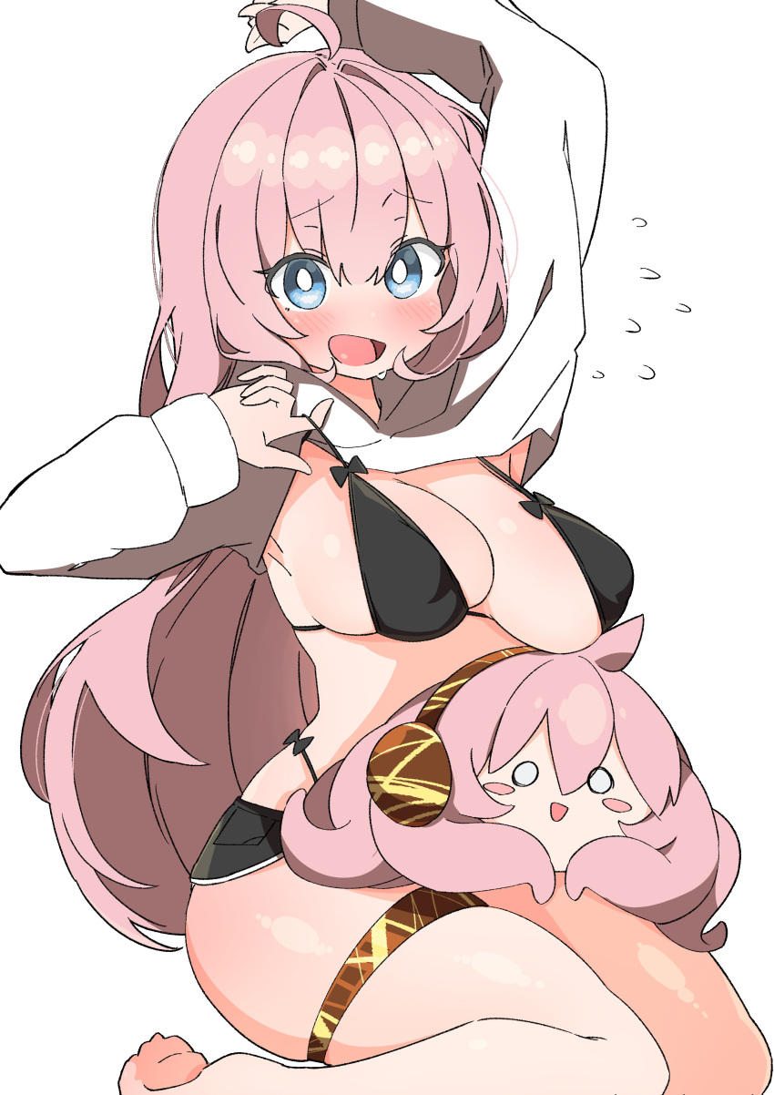 1girl absurdres ahoge bikini bikini_pull black_bikini blue_eyes blush breasts bright_pupils character_doll cleavage clothes_pull cropped_hoodie doll flying_sweatdrops highres hood hoodie large_breasts long_hair looking_at_viewer megurine_luka open_mouth pink_hair pulled_by_self shorts skindentation solo strap_pull string_bikini swimsuit thick_thighs thigh_strap thighs uruti_2388 vocaloid white_pupils