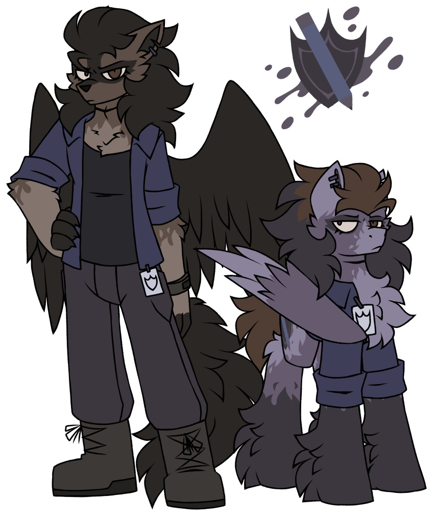 2023 absurd_res anthro black_clothing black_shirt black_topwear blue_body blue_clothing blue_fur blue_jacket blue_shirt blue_topwear boots bottomwear brown_body brown_boots brown_bottomwear brown_clothing brown_footwear brown_fur brown_pants canid canine canis clothing crossgender cutie_mark domestic_dog duo ear_piercing equid equine feral fluffy_chest footwear fur grumpy hasbro hi_res horse jacket male male/male mammal model_sheet my_little_pony pants pegacousin pegacousin_(pegacousin) pegasus pencil_(object) pencil_symbol piercing police police_badge police_officer pony shield shield_symbol shirt shoelaces spread_wings striped_body striped_fur stripes topwear wings