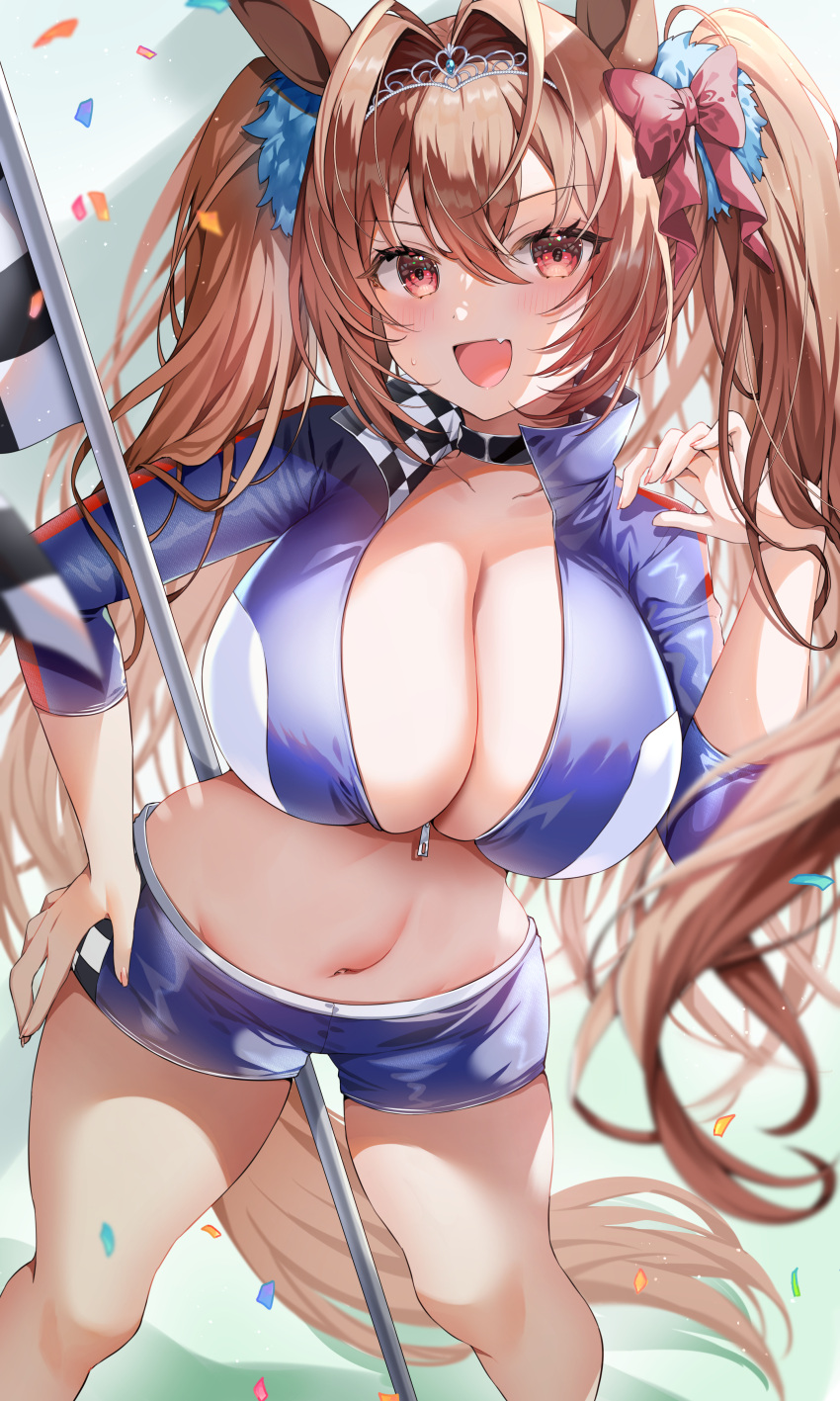 1girl absurdres animal_ears blue_jacket blue_shorts breasts brown_hair cleavage commentary_request crop_top daiwa_scarlet_(umamusume) feet_out_of_frame hair_intakes hand_on_own_hip highres horse_ears jacket large_breasts long_hair long_sleeves looking_at_viewer midriff navel pink_eyes short_shorts shorts solo standing stomach thighs tiara twintails umamusume very_long_hair yam_(yamap_mako)