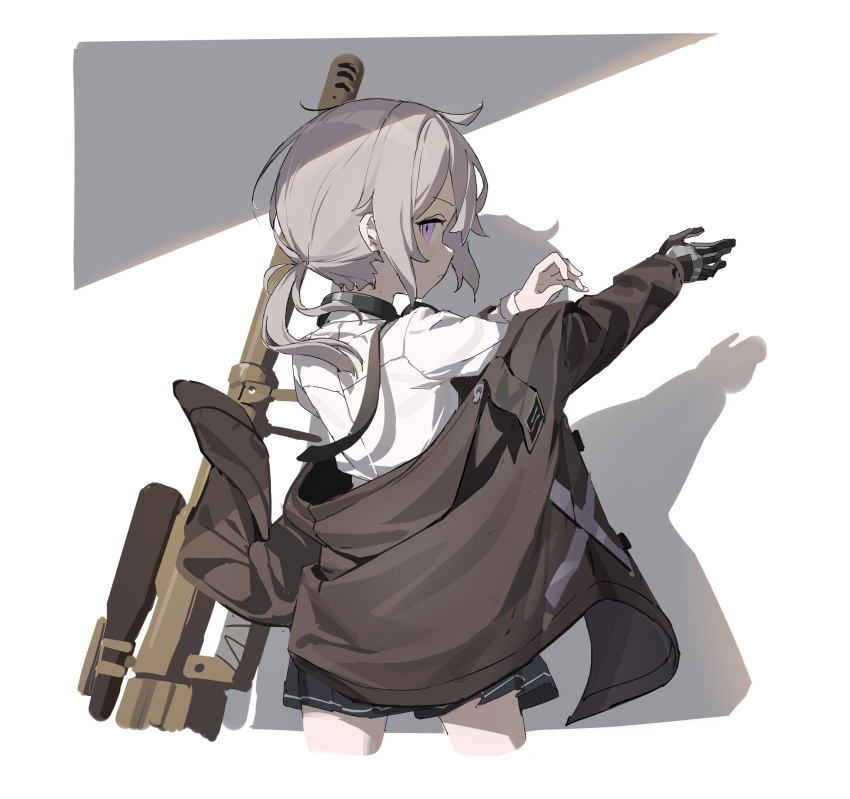 1girl 2t_(vmyz7342) bolt_action cheytac_m200 cowboy_shot cropped_legs girls'_frontline gloves grey_hair gun highres jacket looking_back m200_(girls'_frontline) medium_hair pleated_skirt ponytail purple_eyes rifle shirt single_glove skirt sniper_rifle solo weapon white_shirt