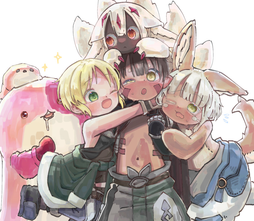 1boy 2girls 2others :&lt; animal_ears blonde_hair brown_eyes brown_hair cj6f2lx08scrrc9 claws drooling faputa green_eyes grey_hair group_hug hug maaa made_in_abyss mechanical_arms meinya_(made_in_abyss) multiple_girls multiple_others nanachi_(made_in_abyss) rabbit_ears regu_(made_in_abyss) riko_(made_in_abyss) white_fur white_hair