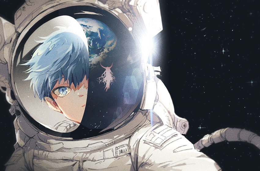 1boy 1girl amidura astronaut blue_eyes blue_hair commentary earth_(planet) english_commentary fate/extra fate/extra_ccc fate/grand_order fate_(series) hans_christian_andersen_(fate) helmet horns lens_flare long_hair looking_at_viewer one_eye_covered parted_lips planet reflection sessyoin_kiara short_hair silhouette space_helmet spacesuit star_(sky) very_long_hair