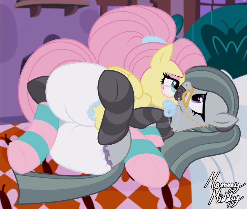 &lt;3 blue_eyes clothed clothing diaper diaper_fetish duo earth_pony equid equine eyeshadow eyewear female female/female feral fluttershy_(mlp) footwear friendship_is_magic fur glasses grey_body grey_fur grey_hair hair hasbro hi_res horse infantilism legwear makeup mammal marble_pie_(mlp) mommymidday my_little_pony object_in_mouth pacifier pacifier_in_mouth pattern_clothing pattern_footwear pattern_legwear pattern_socks pegasus pink_eyeshadow pink_hair pony ponytail purple_eyes quadruped socks striped_clothing striped_footwear striped_socks stripes text wearing_diaper wings yellow_body yellow_fur