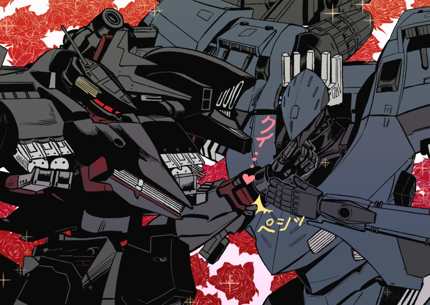 ara_4x4 armored_core armored_core:_for_answer cowboy_shot floral_background flower hand_up kiss kissing_hand mecha mecha_focus no_humans red_eyes robot rose science_fiction standing stasis unsung