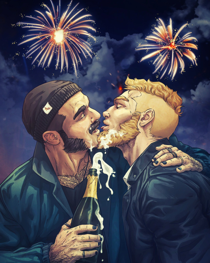 2boys aerial_fireworks ake_art arm_hair bara beanie beard black_nails bottle celebration chest_hair_peek couple ear_piercing facial_hair fireworks from_side full_beard hand_on_another's_shoulder hat highres holding holding_bottle imminent_kiss jacket jewelry leather leather_jacket male_focus mature_male multiple_boys multiple_rings mutton_chops new_year old old_man original pectoral_cleavage pectorals piercing ring short_hair thick_beard thick_chest_hair thick_eyebrows thick_mustache tongue tongue_out undercut upper_body wine_bottle wrinkled_skin yaoi