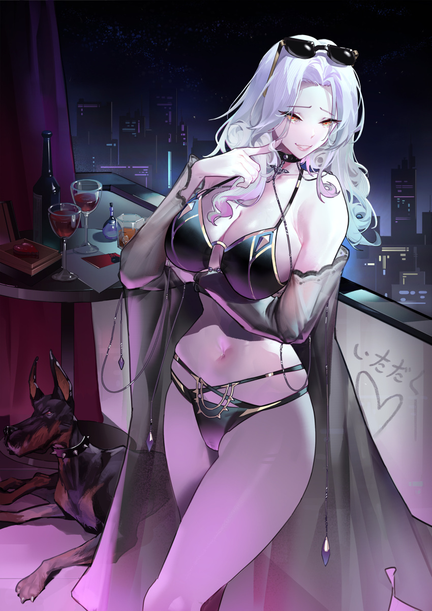 1girl absurdres arm_under_breasts bikini black_bikini bottle breasts carmilla_(fate) carmilla_(swimsuit_rider)_(fate) carmilla_(swimsuit_rider)_(third_ascension)_(fate) chain choker cityscape collar collarbone cup doberman dog drinking_glass eyewear_on_head fate/grand_order fate_(series) hair_twirling highres large_breasts long_hair looking_at_viewer navel night night_sky nils o-ring o-ring_bikini red_wine see-through sky skyline solo spiked_collar spikes stomach sunglasses swimsuit thighs white_hair wine_bottle wine_glass yellow_eyes