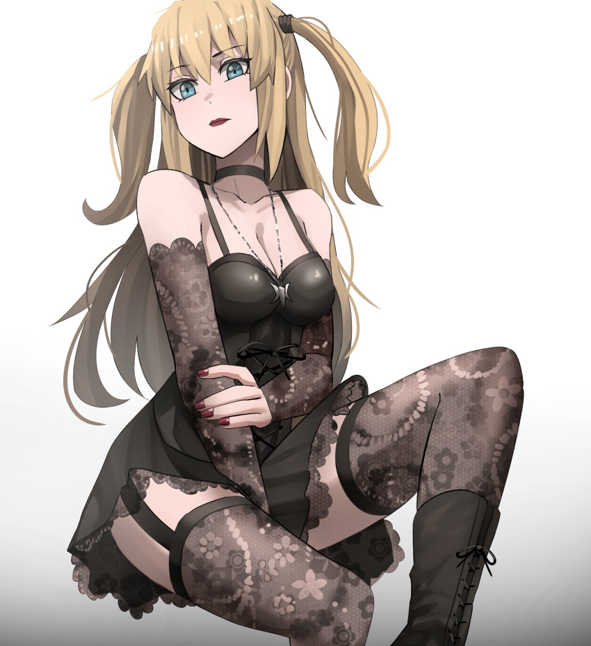 1girl amane_misa black_dress blonde_hair blue_eyes boots choker closed_mouth death_note detached_sleeves dress garter_straps gothic highres jewelry jourd4n lipstick long_hair looking_at_viewer makeup necklace sitting solo thighhighs thighhighs_under_boots two_side_up