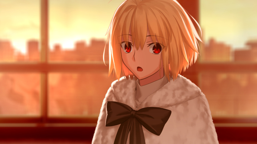 1girl arcueid_brunestud black_ribbon blonde_hair capelet dress game_cg official_art red_eyes ribbon solo takeuchi_takashi tsukihime tsukihime_(remake) turtleneck turtleneck_dress white_capelet white_dress