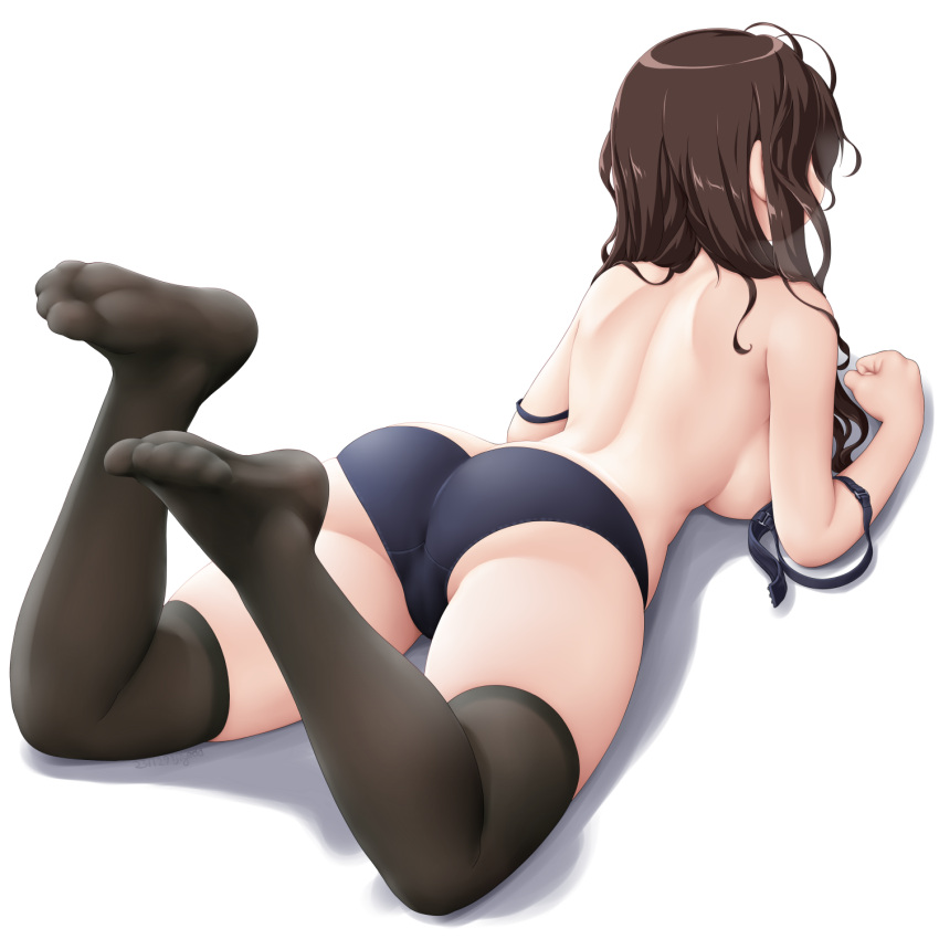 1girl ass back black_choker black_panties black_thighhighs breasts brown_hair choker choker_removed clenched_hand dd_(ijigendd) facing_away feet feet_up highres legs long_hair lying medium_breasts no_shoes on_stomach original panties shoulder_blades sideboob simple_background soles solo the_pose thighhighs toes underwear white_background