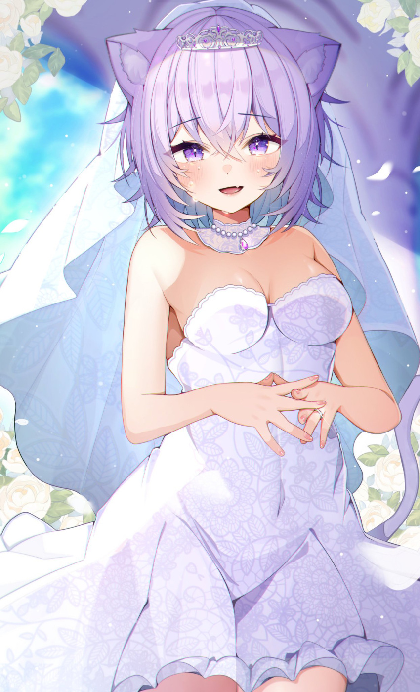 1girl ahoge animal_ear_fluff animal_ears bare_shoulders blush breasts bridal_veil bride cat_ears cat_girl cat_tail cleavage detached_collar dress em_0801 flower hair_between_eyes highres hololive jewelry large_breasts looking_at_viewer nekomata_okayu open_mouth purple_eyes purple_hair short_hair smile solo tail veil virtual_youtuber wedding_dress white_dress