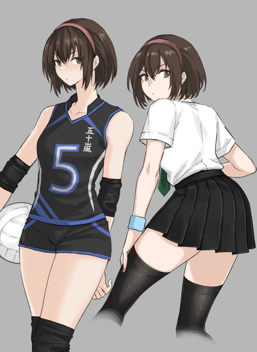 1girl ball black_shirt black_shorts black_skirt black_thighhighs bob_cut brown_eyes brown_hair expressionless fuku_(fuku12290574) green_necktie grey_background highres looking_at_viewer looking_back multiple_views necktie original school_uniform shirt shorts skirt sleeveless sleeveless_shirt solo sportswear sweatband thighhighs volleyball_(object) volleyball_uniform white_shirt