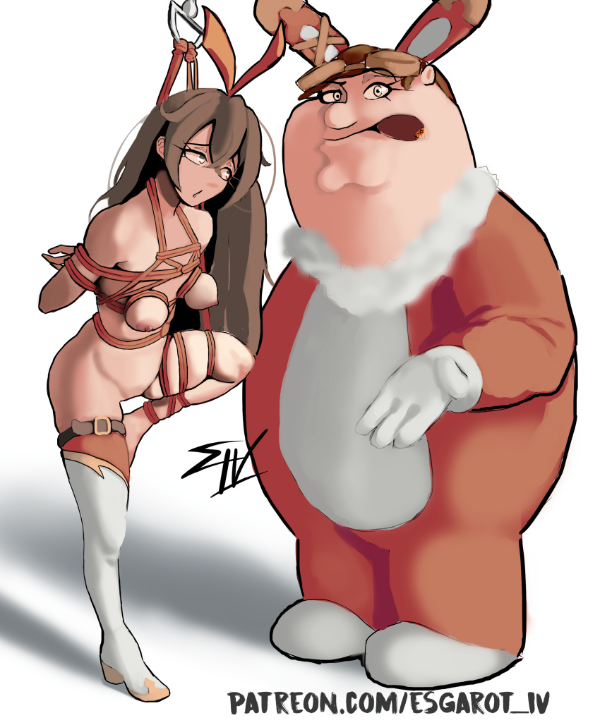 1boy 1girl absurdres amber_(genshin_impact) animal_costume baron_bunny_(genshin_impact) baron_bunny_(genshin_impact)_(cosplay) bdsm bondage boots bound bound_arms bound_leg breast_bondage breasts brown_hair cigar cleft_chin cosplay costume esgarot_iv family_guy fat fat_man genshin_impact gloves hair_ribbon highres long_eyelashes long_hair medium_breasts mouth_hold nipples orange_ribbon peter_griffin rabbit_costume ribbon rope shibari single_thigh_boot smoking standing standing_on_one_leg thigh_boots white_footwear white_gloves yellow_eyes