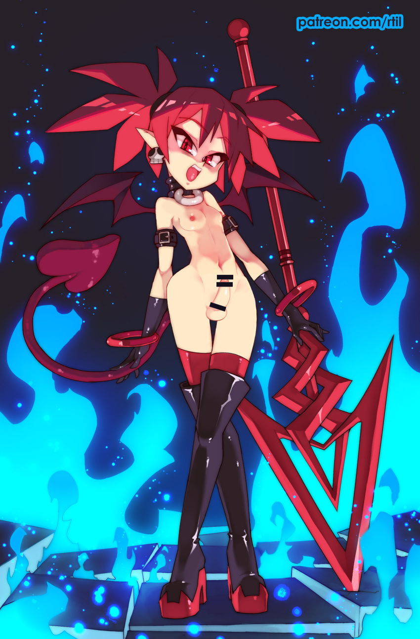 1girl absurdres bar_censor black_footwear black_gloves blue_fire boots breasts censored collar commentary crossed_legs demon_girl demon_tail demon_wings disgaea earrings etna fire full_body futanari gloves high_heel_boots high_heels highres jewelry looking_at_viewer makai_senki_disgaea nipples nude penis planted_weapon pointy_ears polearm red_eyes red_hair red_legwear rtil skull_earrings small_breasts solo spear standing tail testicles thigh_boots thigh_gap thighhighs thighhighs_under_boots twintails watson_cross weapon wings