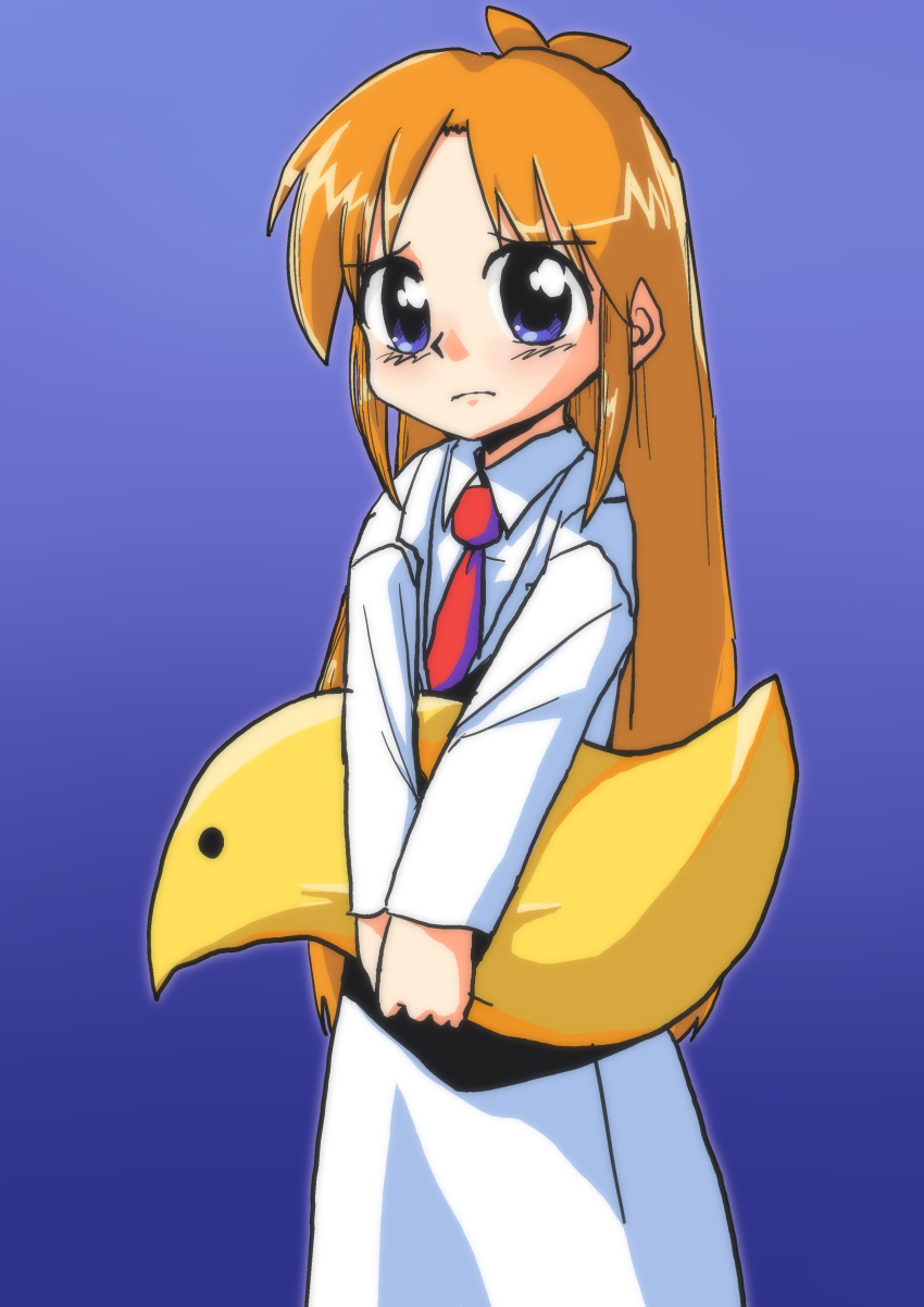 1990s_(style) 1girl absurdres blonde_hair blue_background blush coat commentary fukuokasaga gradient_background highres holding holding_toy lab_coat long_hair looking_at_viewer necktie nichijou own_hands_together professor_shinonome purple_eyes red_necktie retro_artstyle shirt sidelocks solo toy white_coat white_shirt