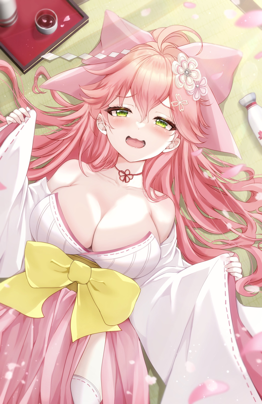 1girl absurdres ahoge alcohol alternate_costume bottle bow breasts cleavage cup green_eyes hair_bow highres hololive japanese_clothes kimono large_breasts long_hair looking_at_viewer lying on_back open_mouth petals pink_bow pink_hair sake sakura_miko solo thighhighs virtual_youtuber white_kimono white_sleeves white_thighhighs wide_sleeves yu_lei