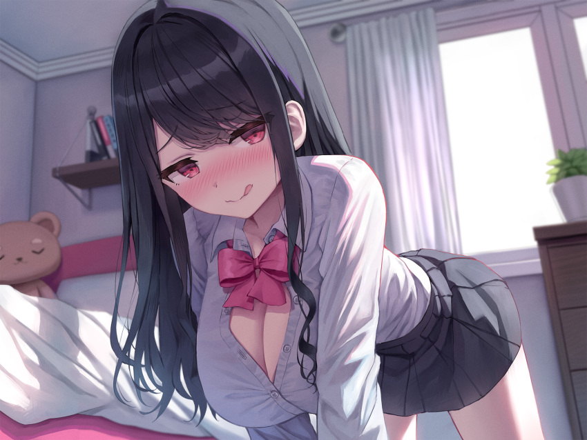 1girl :p all_fours bed bed_sheet bedroom black_hair black_skirt blush book bow bowtie breasts ceiling cleavage collared_shirt curtains hanging_breasts highres indoors large_breasts licking_lips long_hair looking_at_viewer non-web_source open_clothes open_shirt original red_bow red_bowtie red_eyes school_uniform shelf shirt shirt_tucked_in sidelocks skirt smile solo stuffed_animal stuffed_toy superpig teddy_bear tongue tongue_out unbuttoned unbuttoned_shirt white_shirt window