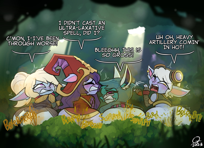 2023 blush butt dialogue diarrhea english_text feces female group hi_res humanoid league_of_legends lulu_(lol) plant pooping pooping_together poppy_(lol) riot_games scat short_stack shrub straining tenuousoddity text tristana_(lol) vex_(lol) yordle