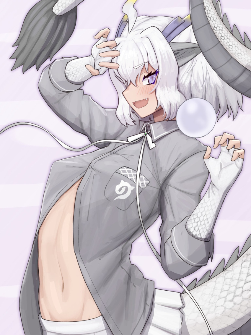 1girl ahoge arm_up blonde_hair breast_pocket bubble buttons collared_shirt covered_nipples dragon_girl dragon_horns dragon_tail eyelashes fang fingernails gloves grey_hair grey_horns grey_shirt groin hand_up highres horns japari_symbol kemono_friends kemono_friends_3 long_sleeves long_tail looking_at_viewer lowleg lowleg_skirt medium_hair miniskirt multicolored_hair multicolored_horns multiple_horns navel open_mouth pocket print_gloves purple_eyes purple_horns scale_print shibori_kasu shirt skirt smile solo stomach tail upper_body white_dragon_(kemono_friends) white_gloves white_hair white_skirt wing_collar yellow_horns