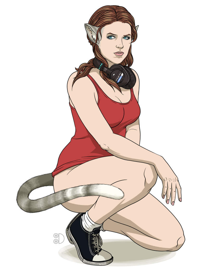 2020 absurd_res alternate_species animal_humanoid anna_kendrick blue_eyes breasts brown_hair cat_humanoid clothing felid felid_humanoid feline feline_humanoid female footwear hair headphones hi_res humanoid inner_ear_fluff looking_aside mammal mammal_humanoid shoes simple_background socks solo tittydispenser transformation tuft white_background