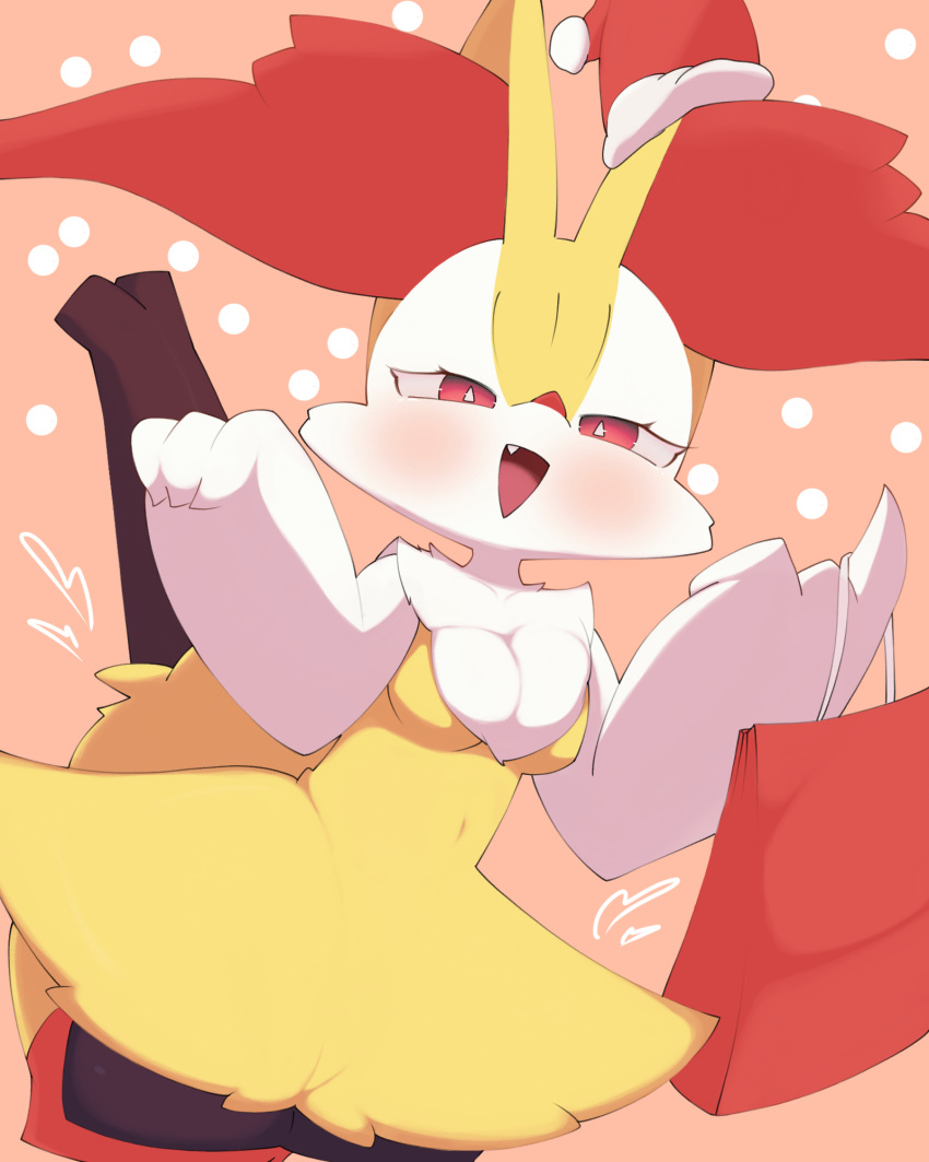 1girl animal_ear_fluff animal_ears animal_nose bag black_fur blush body_fur braixen breasts bright_pupils commentary_request cowboy_shot cropped_legs dutch_angle fang fox_ears fox_girl fox_tail fur-trimmed_headwear fur_trim furry furry_female half-closed_eyes hands_up happy hat heart highres holding holding_bag index_finger_raised looking_at_viewer multicolored_fur navel neck_fur open_mouth pink_background pokemon pokemon_(creature) red_eyes red_headwear sakuyan_(sakuyan1007) santa_hat shopping_bag small_breasts smile snout solo standing stick stomach tail thick_thighs thighs white_fur white_pupils wide_hips yellow_fur