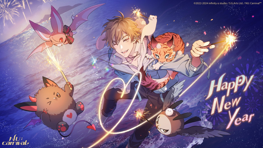3boys aster_(nu_carnival) bat_(animal) bird brown_eyes demon_horns demon_tail eiden_(nu_carnival) ermine father_(nu_carnival) happy_new_year heart heart-shaped_pupils highres horns light_brown_hair long_sleeves looking_at_viewer male_focus morvay_(nu_carnival) multiple_boys nu_carnival official_art open_mouth owl pink_gemstone red_horns short_hair smile symbol-shaped_pupils tail tiger tiger_cub weasel