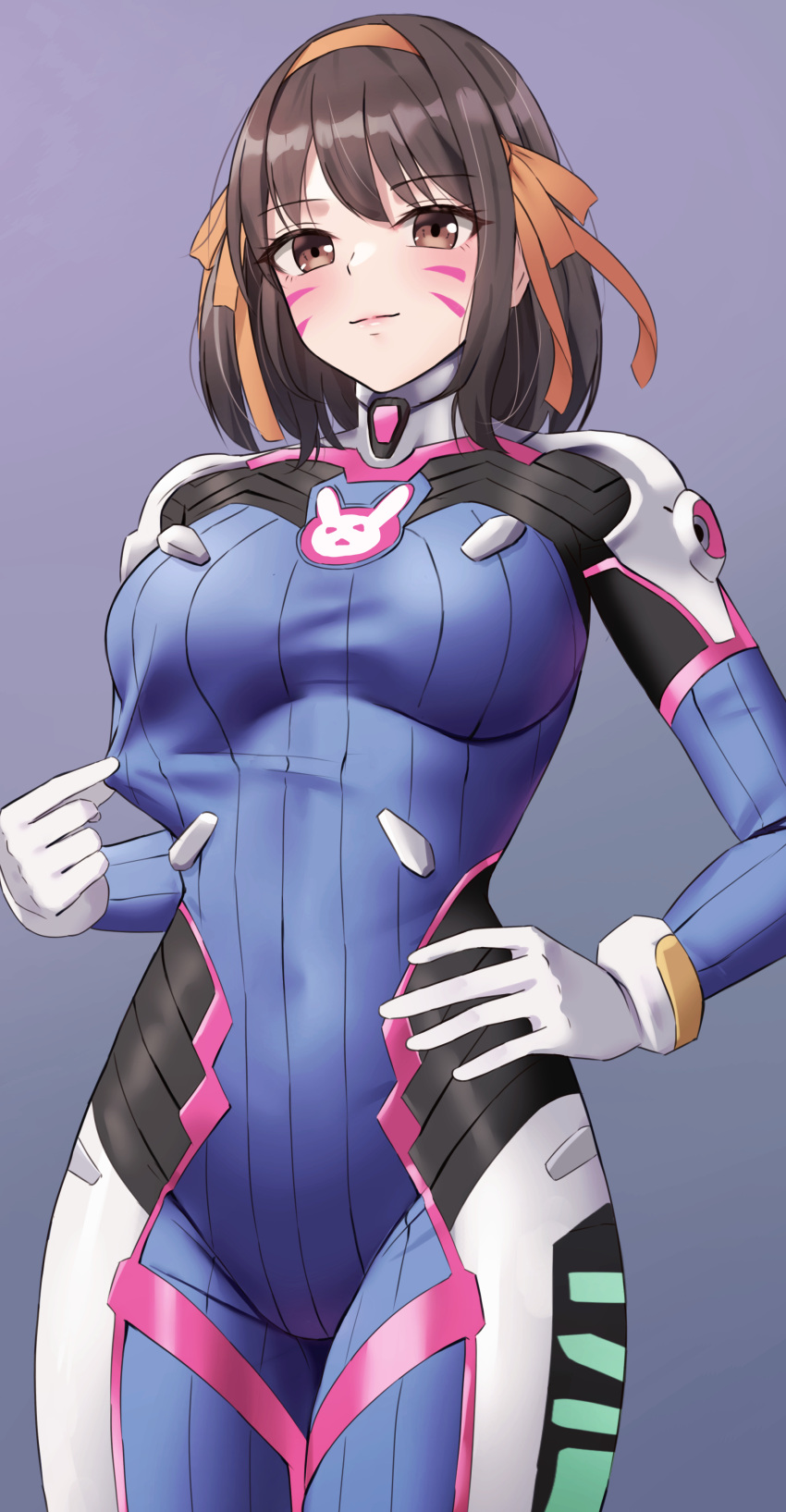 1girl absurdres amayo_thranana bodysuit breasts brown_eyes brown_hair closed_mouth clothes_pull commission cosplay covered_navel cowboy_shot d.va_(overwatch) d.va_(overwatch)_(cosplay) hair_ribbon hairband hand_on_own_hip highres impossible_clothes light_smile looking_at_viewer medium_breasts medium_hair orange_hairband orange_ribbon overwatch ribbon skeb_commission skin_tight solo suzumiya_haruhi suzumiya_haruhi_no_yuuutsu vertical-striped_bodysuit