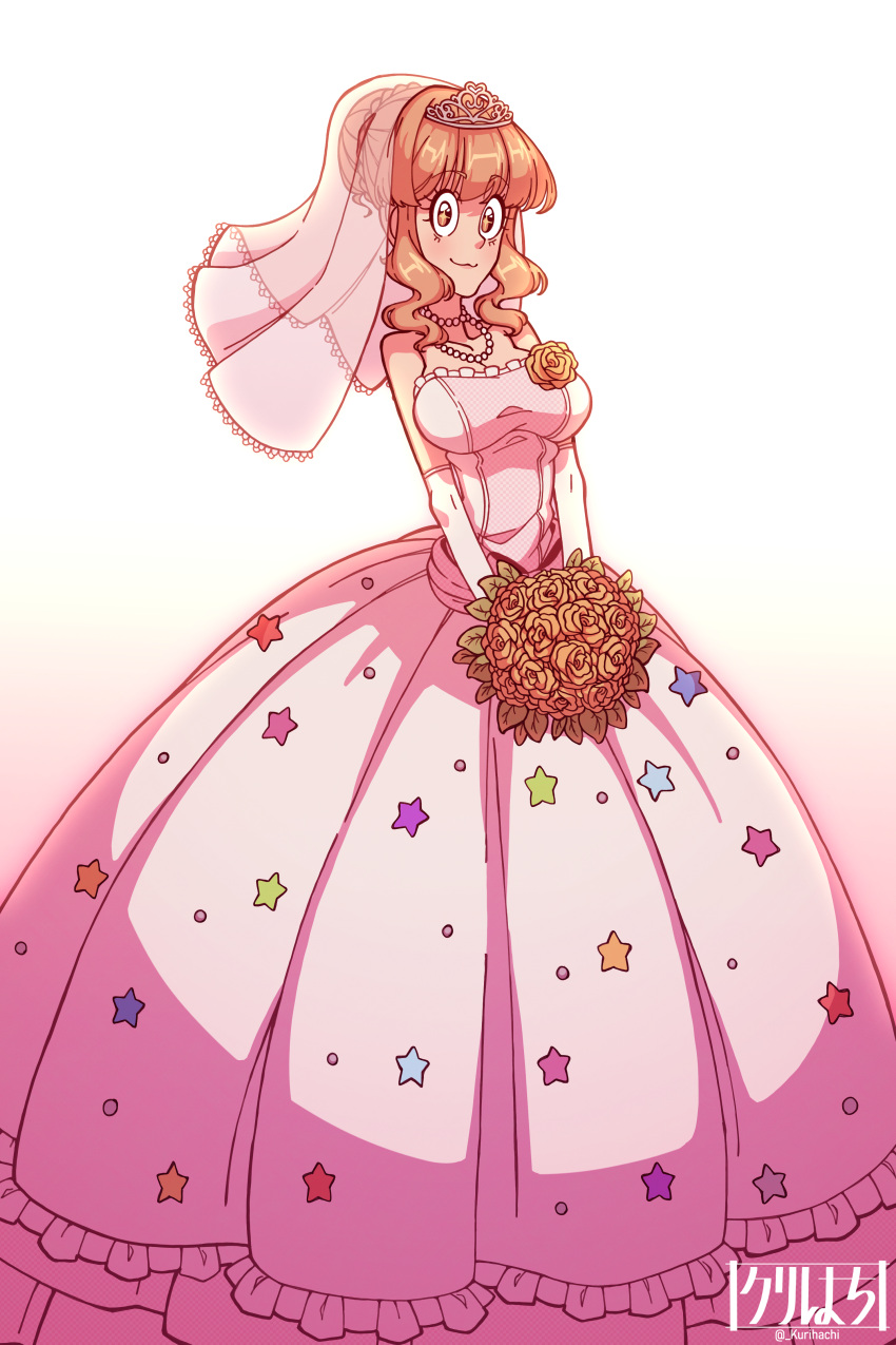 1girl absurdres bead_necklace beads bouquet braid breasts bridal_veil bride commentary_request dress elbow_gloves gloves hair_bun highres holding holding_bouquet idolmaster idolmaster_cinderella_girls idolmaster_cinderella_girls_starlight_stage jewelry kurihachi large_breasts long_dress moroboshi_kirari necklace orange_eyes orange_hair pink_dress signature single_hair_bun smile solo star_(symbol) strapless strapless_dress tiara twitter_username veil wedding_dress