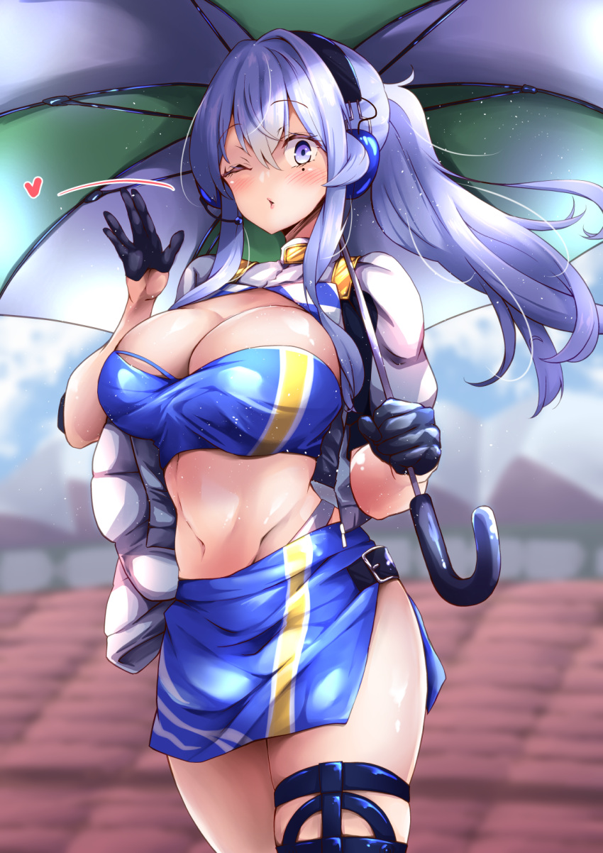 1girl bandeau black_gloves blue_bandeau blue_eyes blue_hair blue_skirt blue_tube_top breasts checkered_clothes cleavage coat crop_top cropped_jacket gloves gotland_(kancolle) half_gloves headphones headset highleg highleg_panties highres jacket kantai_collection large_breasts long_hair looking_at_viewer miniskirt mole mole_under_eye navel one_eye_closed panties ponytail pulumelo race_queen shrug_(clothing) skirt solo strapless tube_top umbrella underwear waving white_jacket white_panties winter_clothes winter_coat