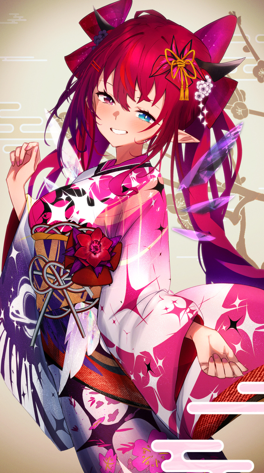 1girl absurdres asymmetrical_wings blue_eyes blush breasts crystal_wings flower getto hair_flower hair_ornament halo heterochromia highres hololive hololive_english horns irys_(hololive) irys_(new_year)_(hololive) japanese_clothes kimono long_hair looking_at_viewer multicolored_clothes multicolored_hair multicolored_kimono official_alternate_costume pointy_ears purple_eyes purple_hair red_hair smile solo streaked_hair very_long_hair virtual_youtuber wings