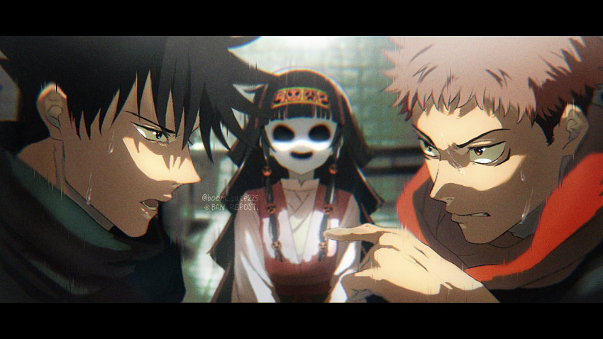 &lt;o&gt;_&lt;o&gt; 3boys alluka_zoldyck arashi_(boom_sate225) black_hair black_jacket brown_hair creepy_eyes crossover dress frown fushiguro_megumi hairband hand_up hood hood_down hoodie hunter_x_hunter itadori_yuuji jacket letterboxed long_hair long_sleeves male_focus multi-tied_hair multiple_boys otoko_no_ko pink_dress profile red_hoodie short_hair smiley_face sweat undercut upper_body v-shaped_eyebrows yellow_hairband