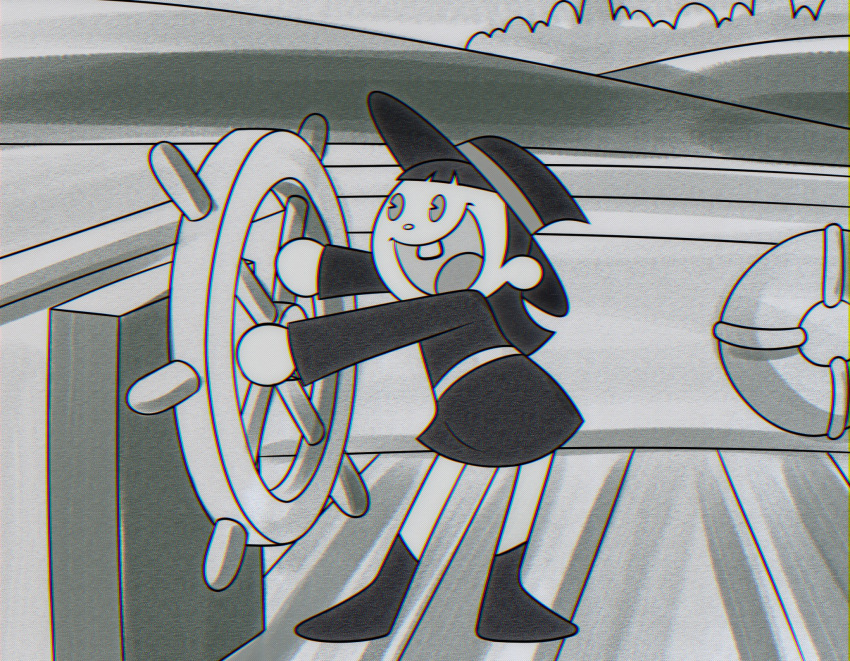 1920s_(style) 1girl commentary english_commentary hat highres kagari_atsuko little_witch_academia luna_nova_school_uniform medium_hair open_mouth parody school_uniform single_tooth solo standing stargazing_ori steamboat_willie steering_wheel witch witch_hat