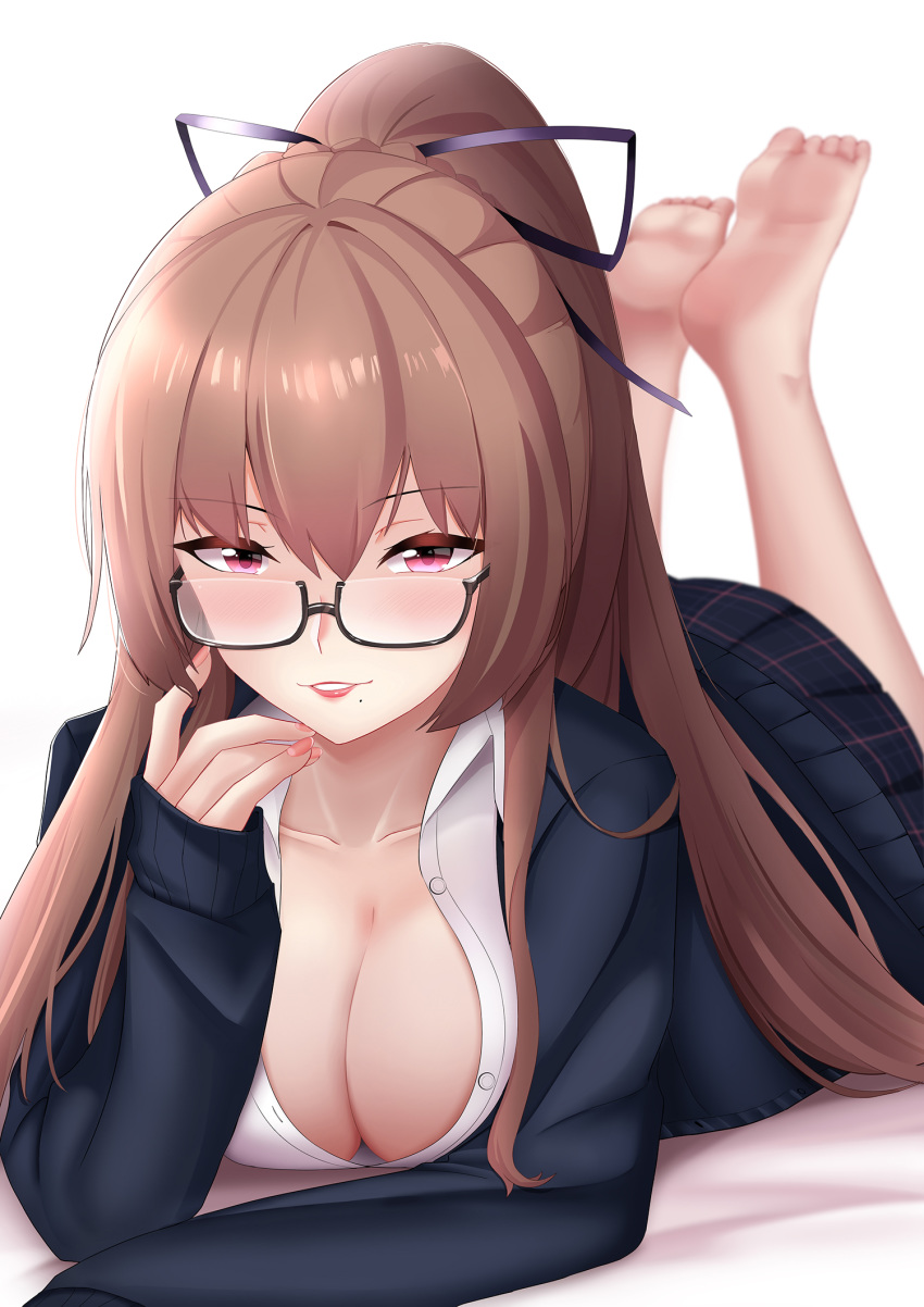 1girl azur_lane barefoot black_ribbon blue_jacket blue_skirt braid breasts cleavage commentary_request crown_braid feet glasses hair_ribbon hair_twirling highres jacket large_breasts legs leng_xiao light_brown_hair long_hair looking_at_viewer lying on_stomach partially_unbuttoned pleated_skirt purple_eyes ribbon shirt simple_background skirt solo swiftsure_(azur_lane) swiftsure_(secluded_cyclamen)_(azur_lane) very_long_hair white_background white_shirt