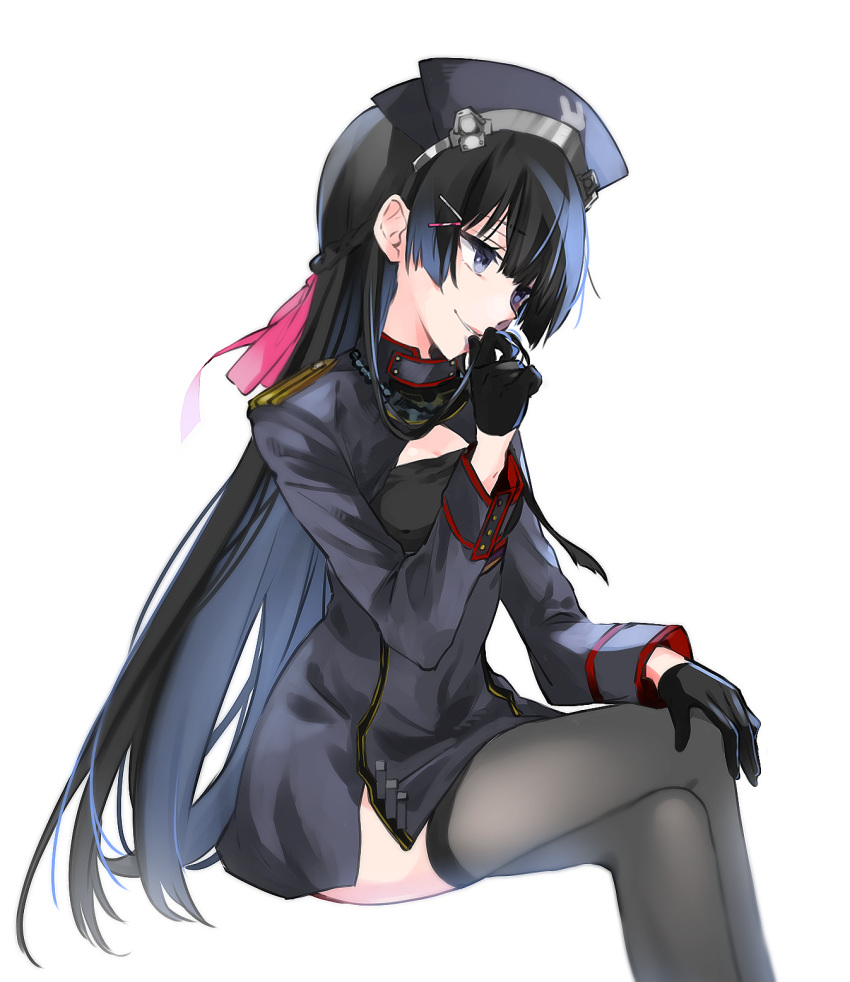 1girl alternate_costume black_gloves black_hair black_headwear black_jacket black_legwear blue_eyes braid epaulettes french_braid from_side gloves hair_ribbon highres jacket long_hair looking_to_the_side myama nijisanji pink_ribbon ribbon simple_background sitting solo thighhighs tsukino_mito virtual_youtuber white_background