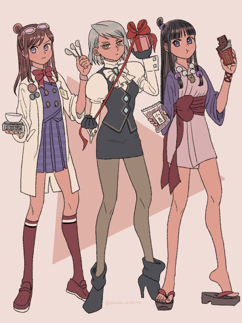 3girls ace_attorney ascot black_eyes black_gloves black_hair black_skirt black_vest blue_hair box brooch brown_hair candy chewing chocolate chocolate_bar closed_mouth coat earrings ema_skye eyewear_on_head food franziska_von_karma full_body gift gift_box glasses gloves grey_eyes hair_bun hands_up hanten_(clothes) high_heels highres holding holding_box holding_food holding_spoon jacket japanese_clothes jewelry juliet_sleeves kimono kneehighs long_hair long_sleeves magatama maya_fey mole mole_under_eye multiple_girls necklace pink_kimono puffy_sleeves purple_jacket purple_skirt purple_vest red_footwear red_sash red_socks sandals sash shirt shoes short_hair short_kimono skirt sleeves_rolled_up socks spoon standing suibun_(mizuha_oishiina) v-shaped_eyebrows vest white_ascot white_coat white_shirt