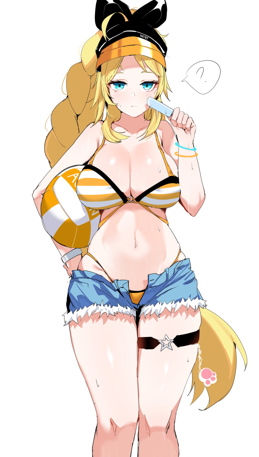 1girl ? absurdres bikini blonde_hair blue_eyes bored bracelet braid breasts denim denim_shorts highres jewelry looking_at_viewer open_fly plentyofempty short_shorts shorts single_braid swimsuit tail thick_thighs thigh_strap thighs volleyball white_background yellow_headwear