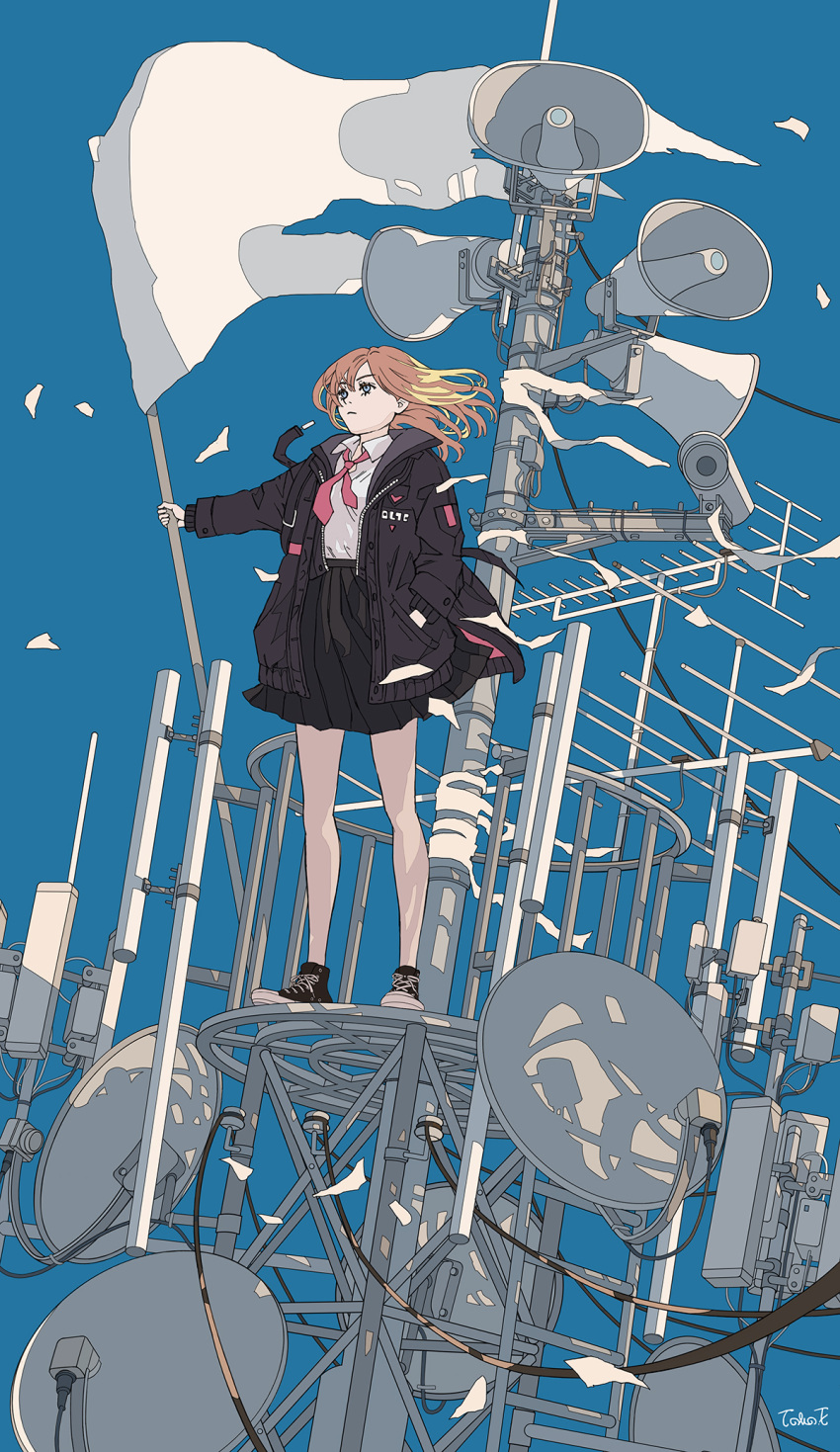 1girl alarm_siren black_jacket black_skirt blonde_hair blue_eyes blue_sky clear_sky collared_shirt converse dutch_angle flag flat_color floating_hair hand_in_pocket highres holding holding_flag jacket ligne_claire long_hair miniskirt necktie open_clothes open_jacket original pink_necktie satellite_dish scenery security_camera seraphitalg shirt skirt sky solo standing torn_flag white_flag white_shirt wind wind_lift