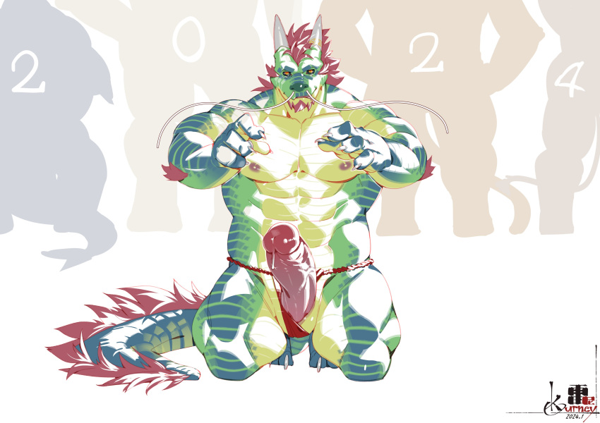 2024 2_horns abs absurd_res animal_genitalia anthro asian_clothing biceps bodily_fluids claws clothing clothing_aside dragon dripping east_asian_clothing eastern_dragon female fundoshi fundoshi_aside genital_fluids genital_slit genitals green_body green_scales hair hi_res horn japanese_clothing kourney male muscular muscular_female muscular_male nipples pecs penis precum precum_drip red_hair rigid_(kourney) scales slit tail underwear underwear_aside vein veiny_penis