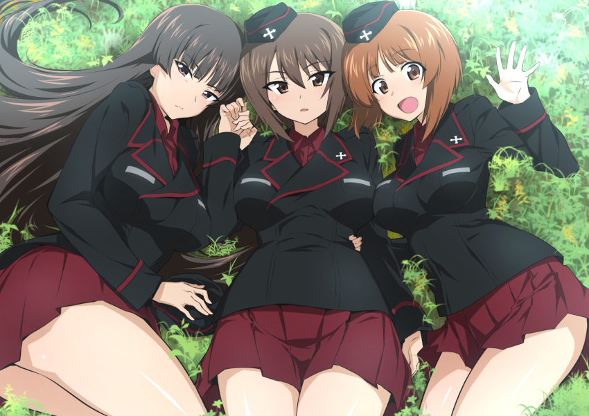 3girls :d black_hair black_jacket blush breasts brown_hair commentary cross frown garrison_cap girls_und_panzer grass hair_between_eyes hat heart jacket kuromorimine_military_uniform large_breasts long_hair looking_at_viewer lying medium_breasts medium_hair mother_and_daughter multiple_girls nakahira_guy nishizumi_maho nishizumi_miho nishizumi_shiho on_back on_side open_mouth orange_hair outdoors red_skirt siblings sisters skirt smile textless_version unworn_hat unworn_headwear